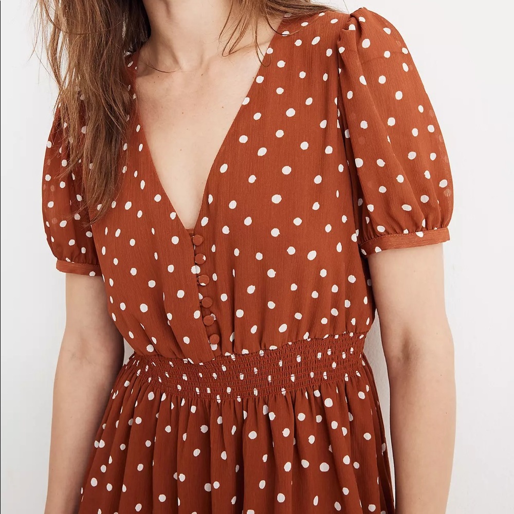 NWT Madewell Smocked Waist Mini Dress Inkspot Dots Brown Polka Dot Pinup Small - Picture 6 of 16